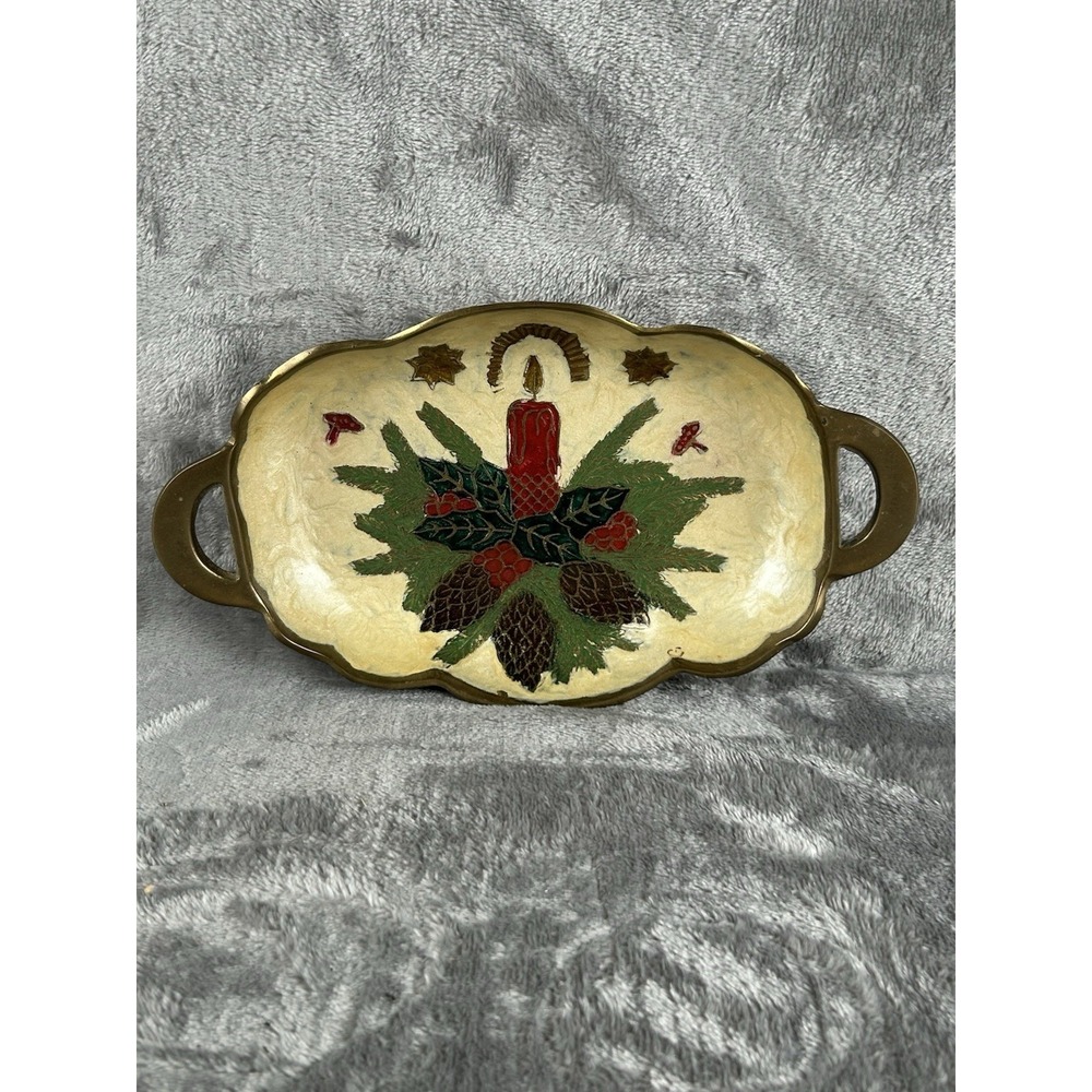 VTG Holiday Brass Enamel Christmas Candle Trinket Dish with Handles Cloisonne